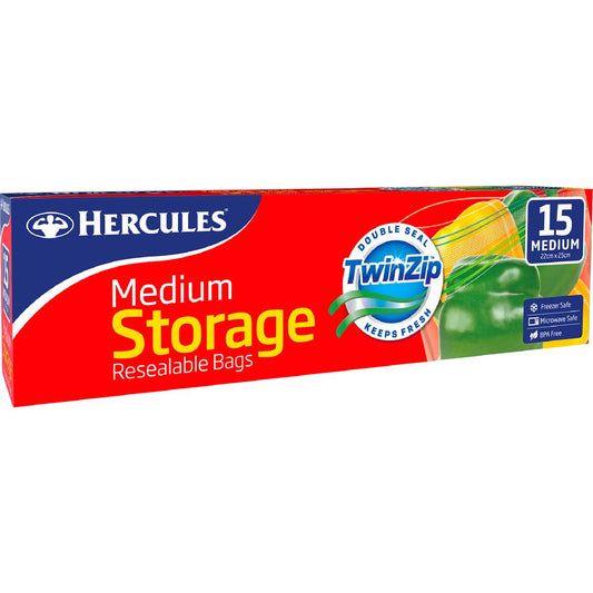 Hercules Resealable Twin Zip Medium Storage Bag 15 Pack