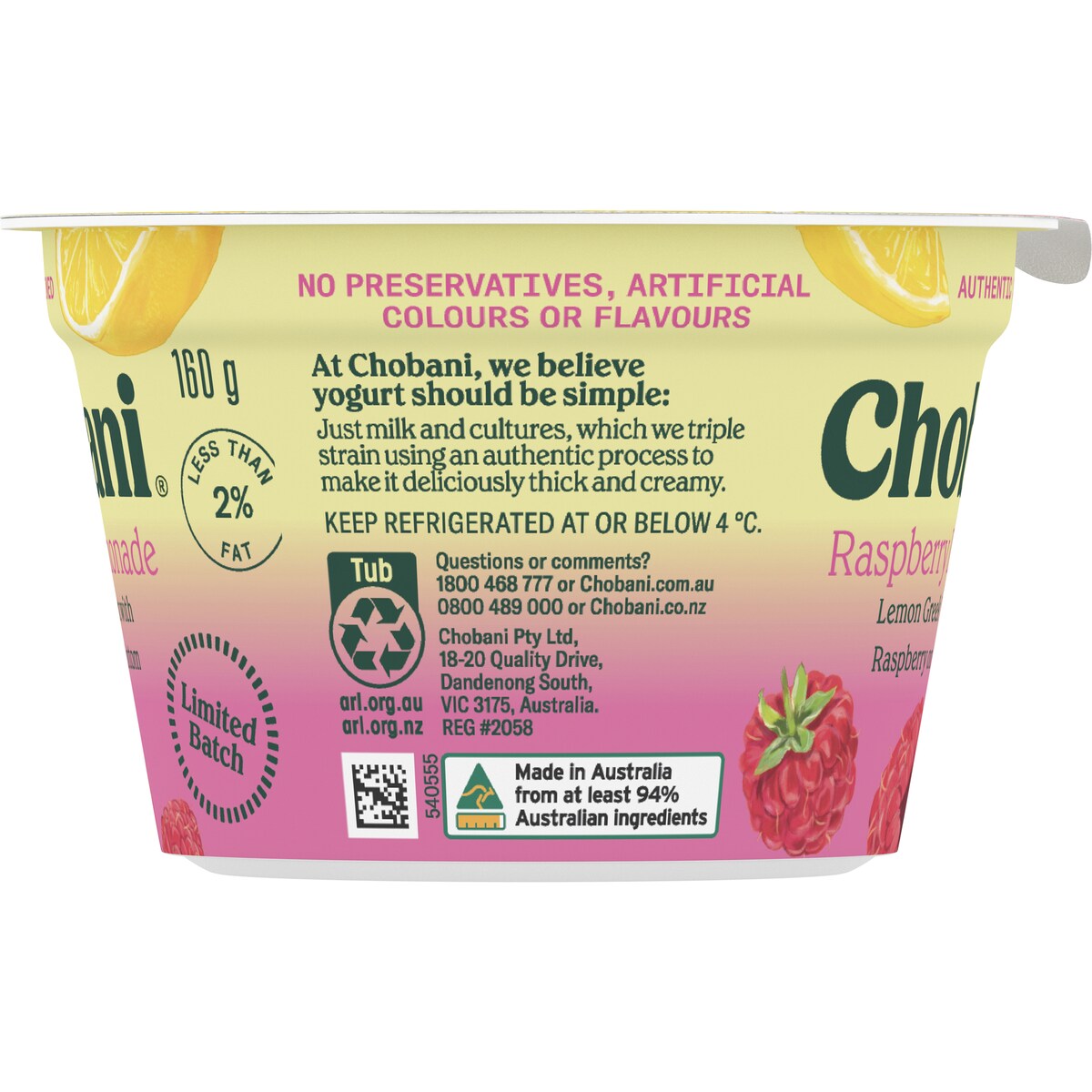 Chobani Raspberry Lemon Greek Yogurt 160g