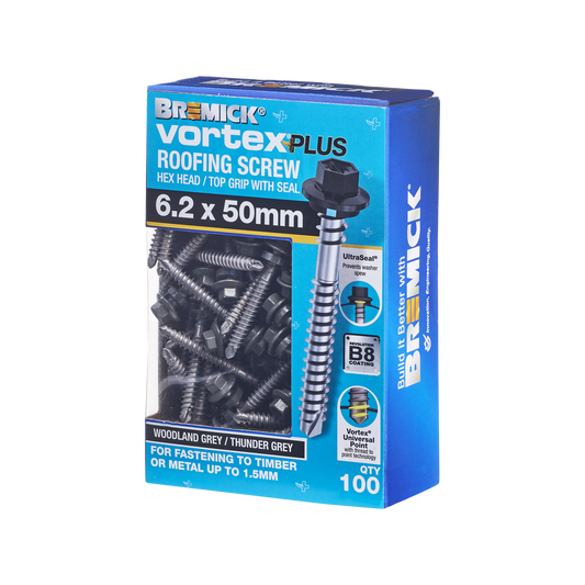 Bremick Vortex Plus Roofing Screw - 6.2 x 50mm - Hex B8 - 100 Pack