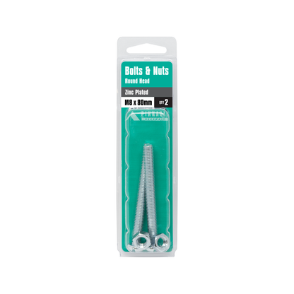Pinnacle Round Head Bolts and Nuts - M8 x 80mm - 2 Pack