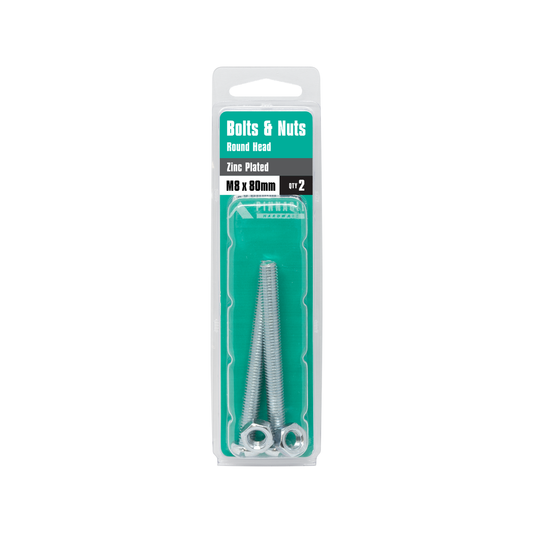 Pinnacle Zinc Plated Round Head Bolts & Nuts M8 x 80mm 2 Pack