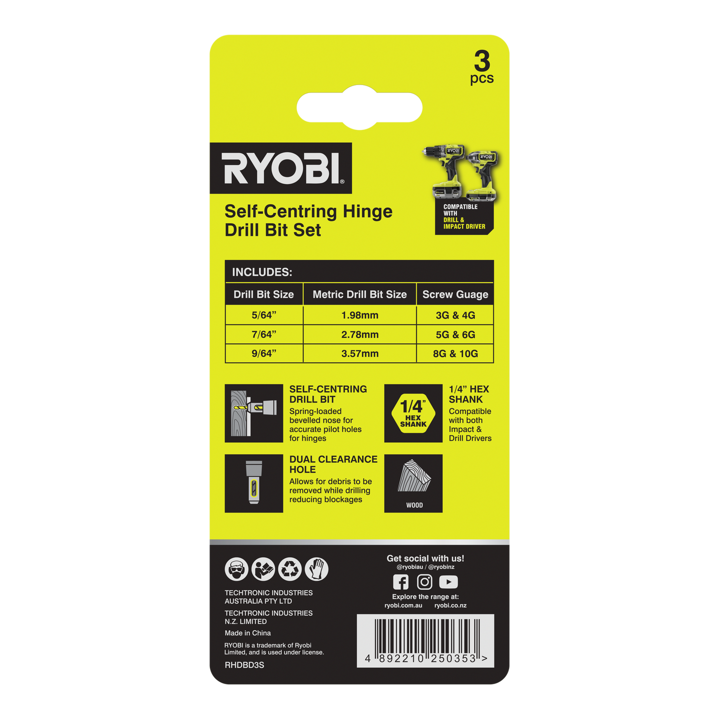 Ryobi Door Hinge Drill Bit Set - 5/64", 7/64", 9/64" - 3 Piece