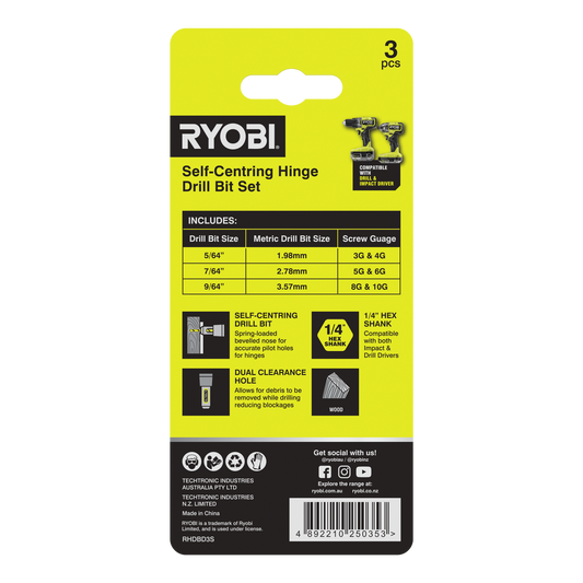 Ryobi Door Hinge Drill Bit Set - 5/64", 7/64", 9/64" - 3 Piece