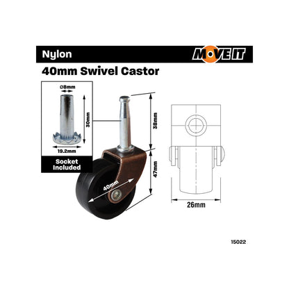 Move It 40mm Furniture Castor Wheel Socket 2 Pack - Steel - Durable