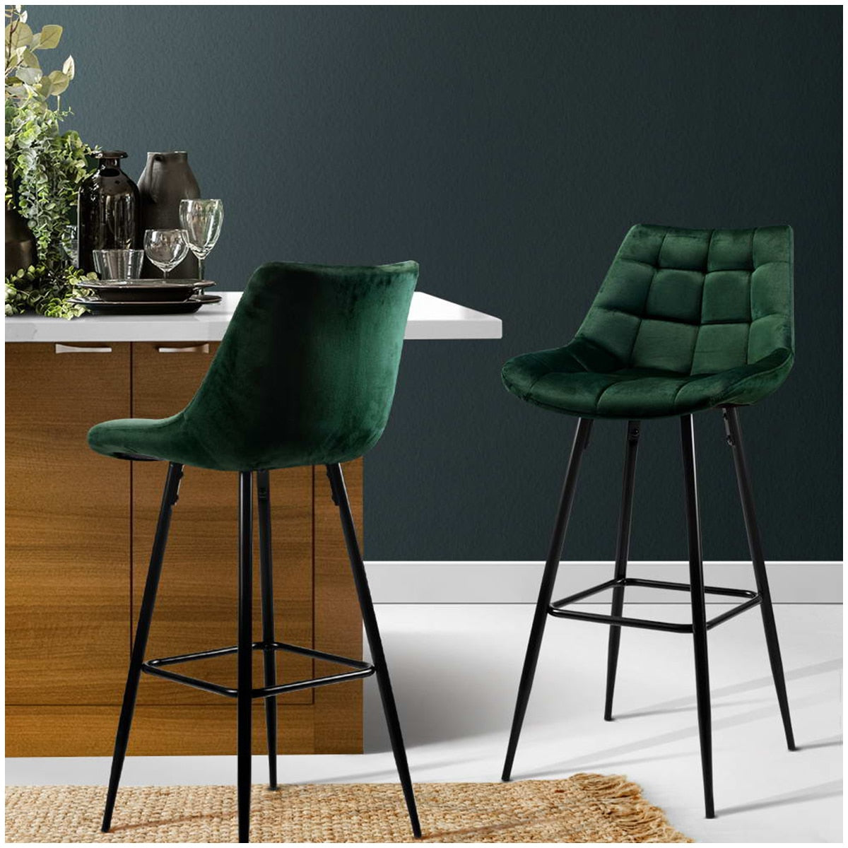 Artiss Velvet Barstool Green 2 Pack