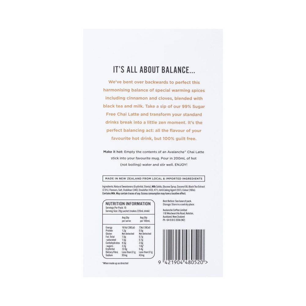 Avalanche 99% Sugar Free Chai Latte - 10 pack