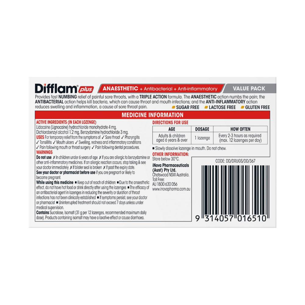 Difflam Plus Lozengers Anaesthetic Honey & Lemon - 32 pack