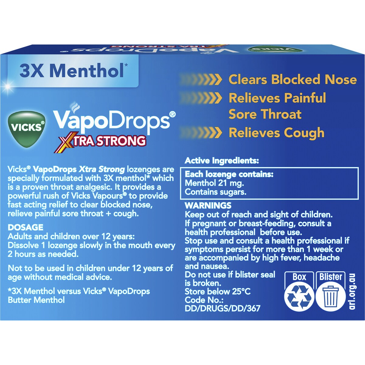 Vicks Xtra Strong Honey Menthol Lozenges 36 pack