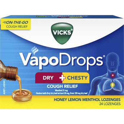Vicks Dry + Chesty Honey Lemon Menthol Lozenges 24 Pack