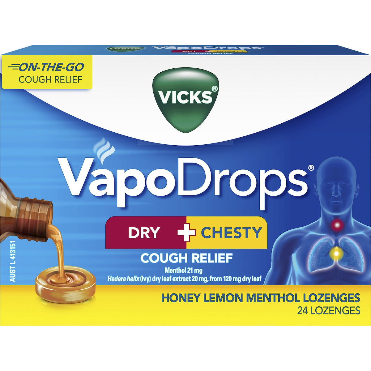 Vicks Dry + Chesty Honey Lemon Menthol Lozenges 24 Pack