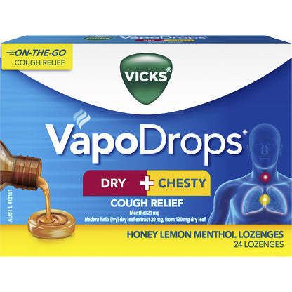 Vicks Dry + Chesty Honey Lemon Menthol Lozenges 24 Pack