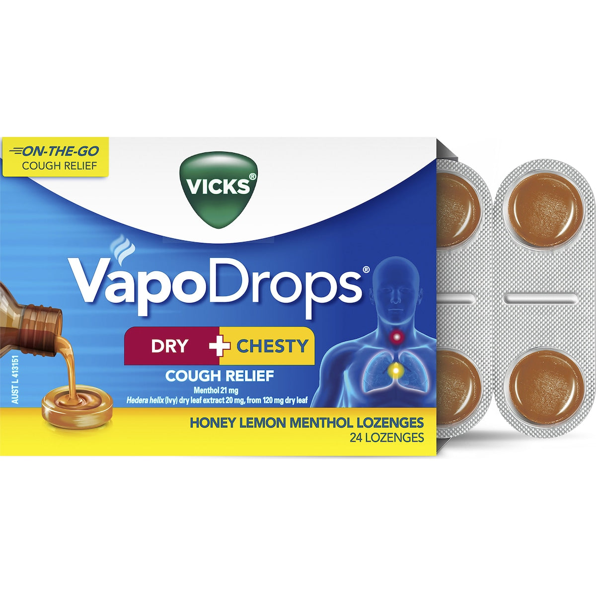 Vicks Dry + Chesty Honey Lemon Menthol Lozenges 24 Pack