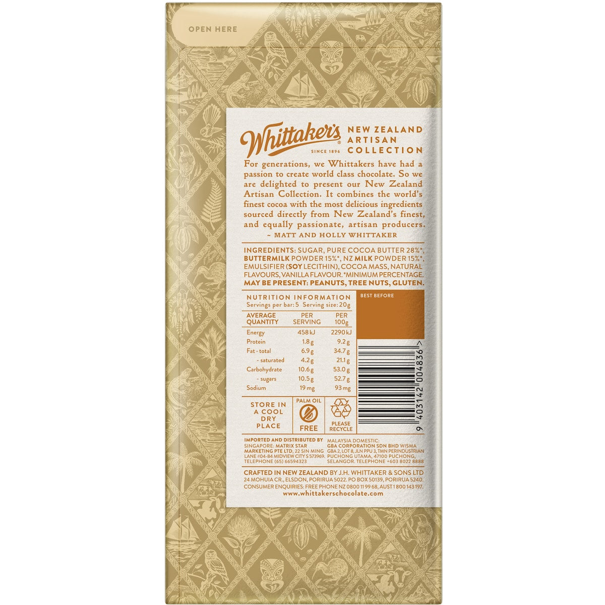 Whittakers Artisan West Coast Buttermilk Caramel 28% Cocoa 100g