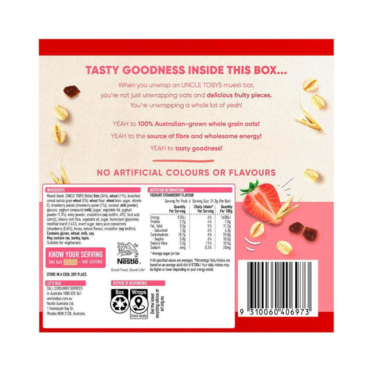 Une Tobys Muesli Bars Yoghurt Strawberry Lunchbox Snacks - 185g