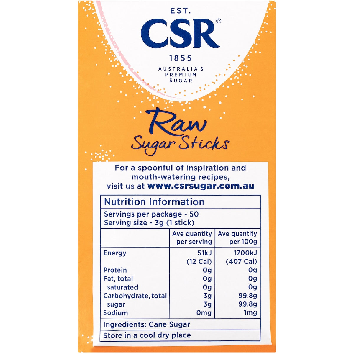 Csr Raw Sugar Sticks 50 Pack