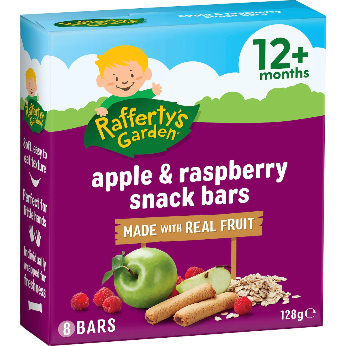 Raffertys Garden Baby Snacks Apple & Raspberry Bars With Fruit 12+ Months 128g