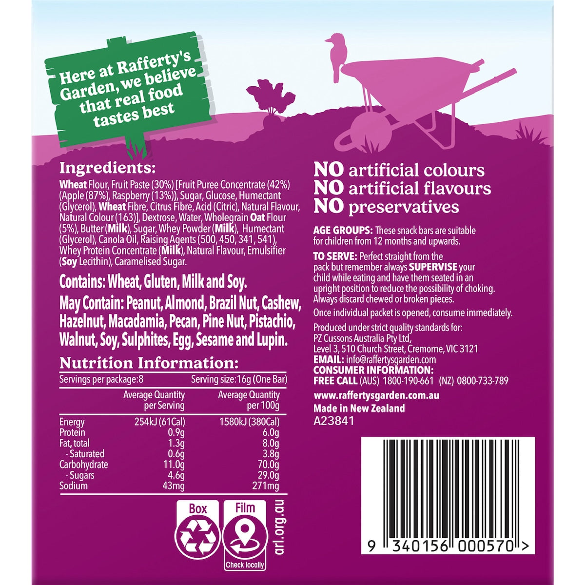 Raffertys Garden Apple & Raspberry Snack Bars Bars With Fruit 12+ Months 8 Pack