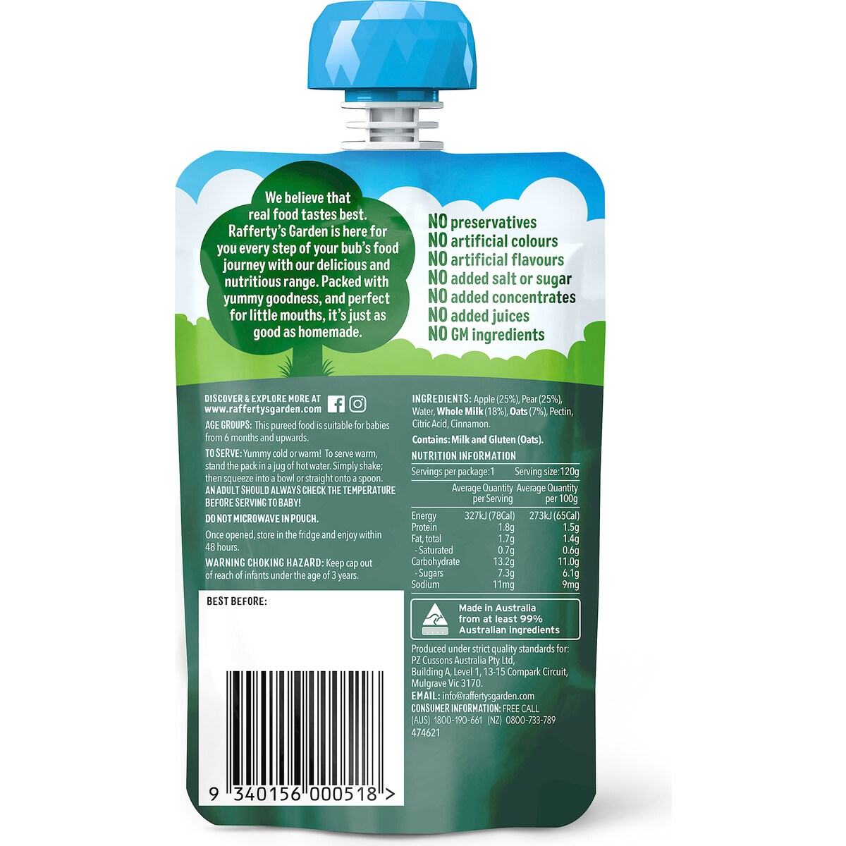Raffertys Garden Baby Food Pouch Apple, Pear & Cinnamon Porridge 6+ Months 120g