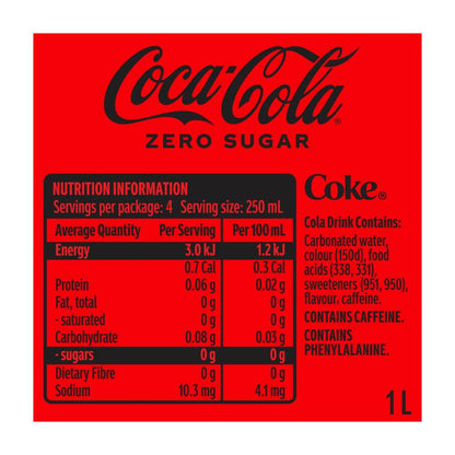 Coca-Cola Zero Sugar Soft Drink Bottle - 1L