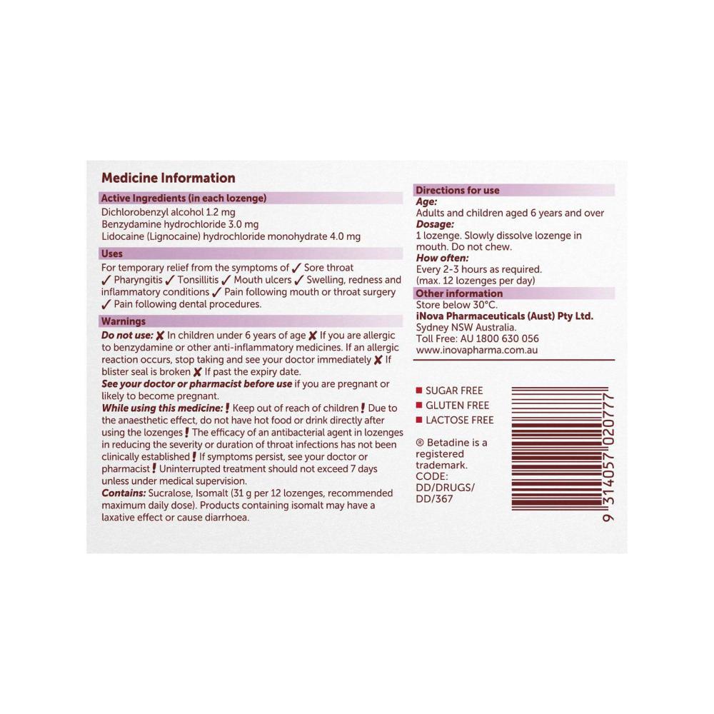 Betadine Sore Throat Lozenges Anaesthetic Berry - 36 pack