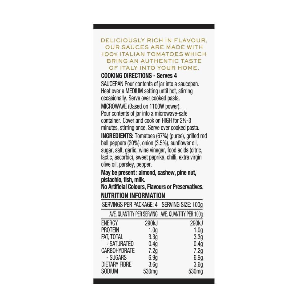 Providore Vine Ripened Tomato And Fire Roasted Pepper Pasta Sauce - 400g