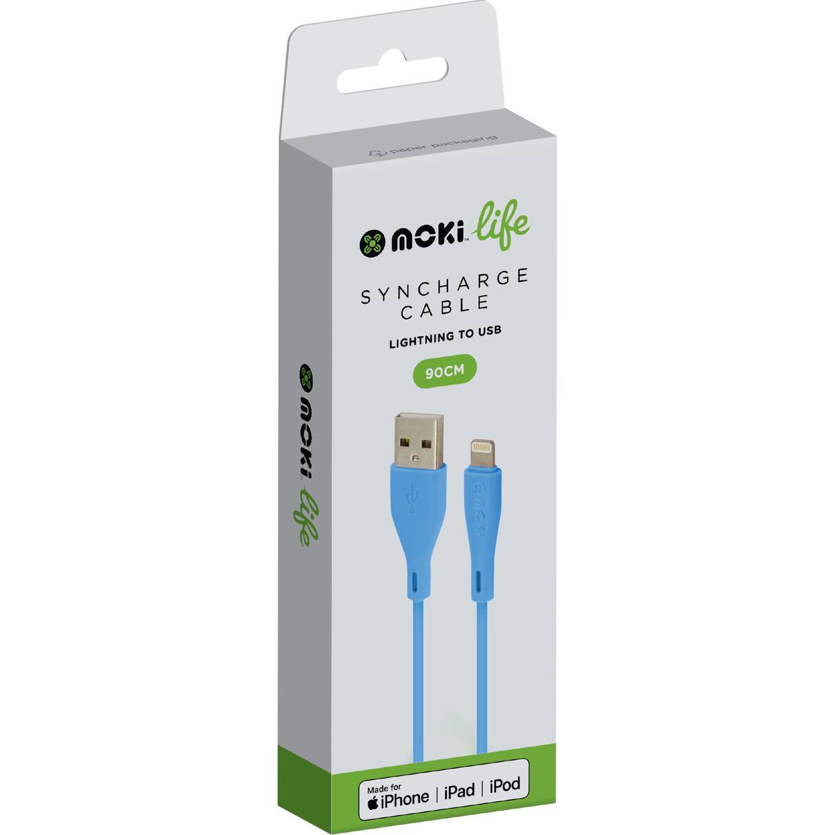 Moki Life 90cm Syncharge Cable Lightning To Usb Blue Each