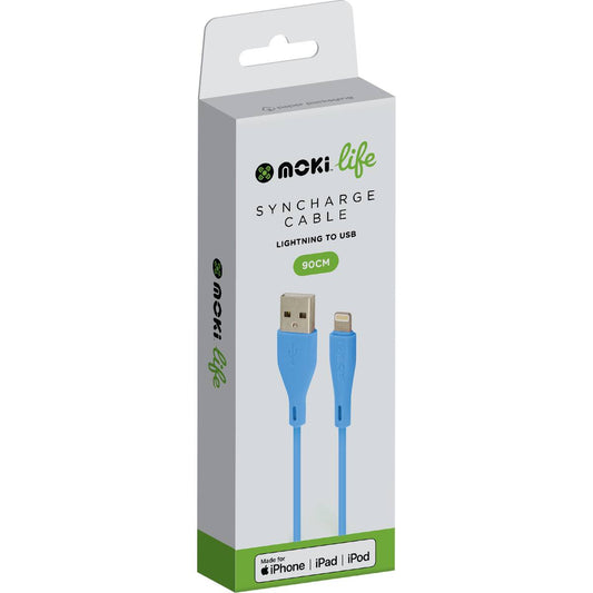 Moki Life 90cm Syncharge Cable Lightning To Usb Blue Each