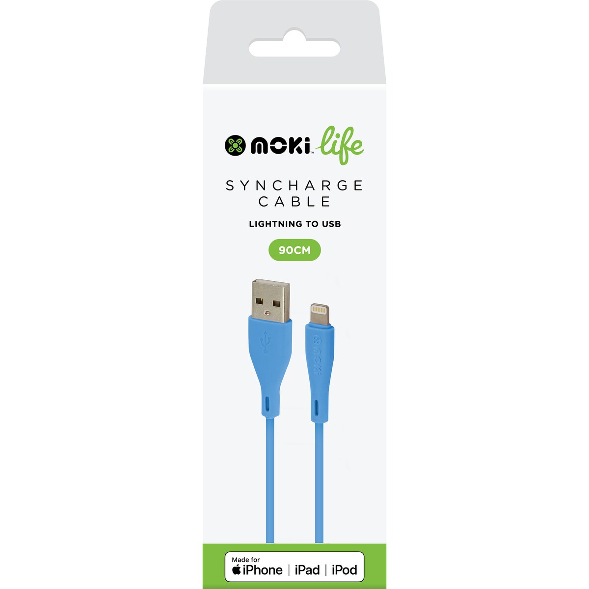 Moki Life 90cm Syncharge Cable Lightning to USB Blue each