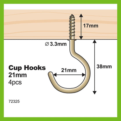 Everhang Cup Hooks - 21mm - Brass Plated - 4 Pack