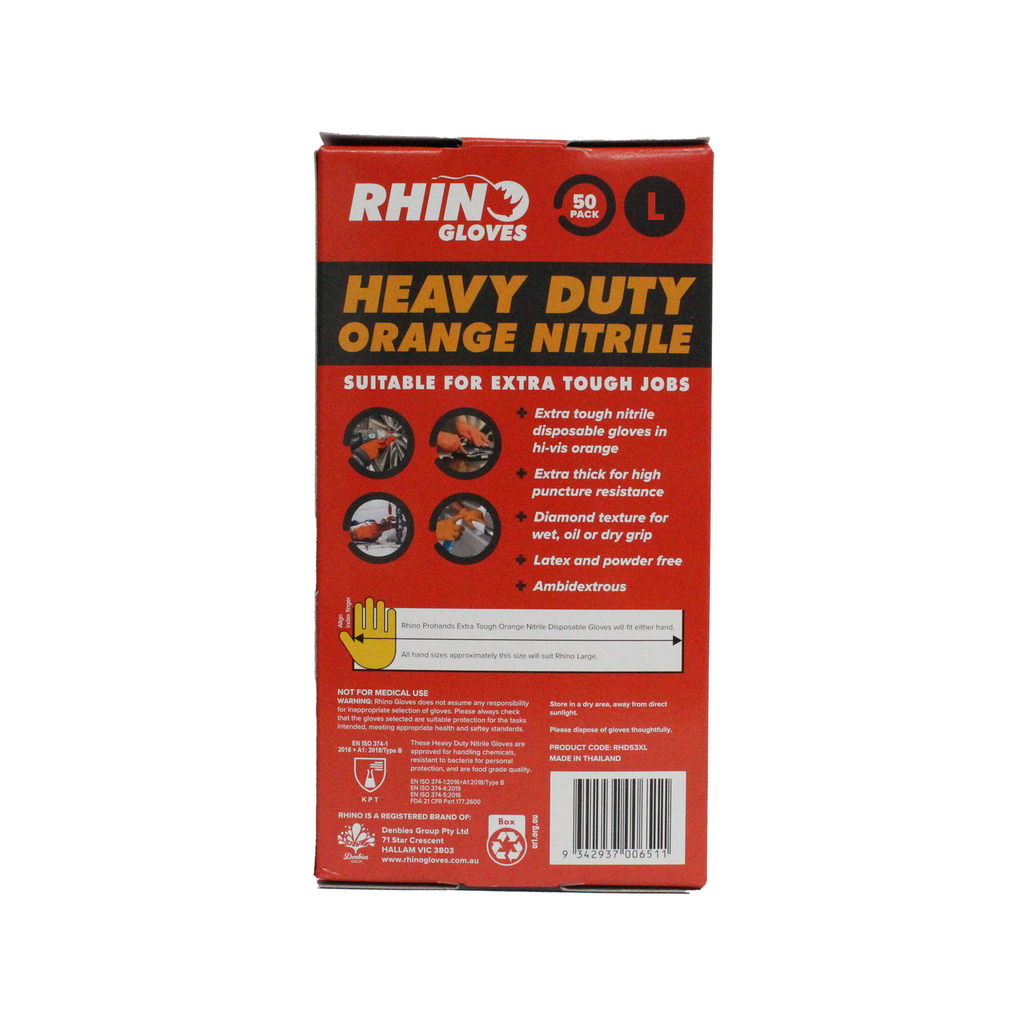 Rhino Large Nitrile Disposable Gloves - 50 Pack - Orange