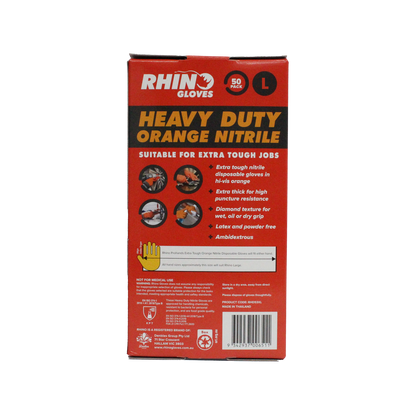 Rhino Large Nitrile Disposable Gloves - 50 Pack - Orange