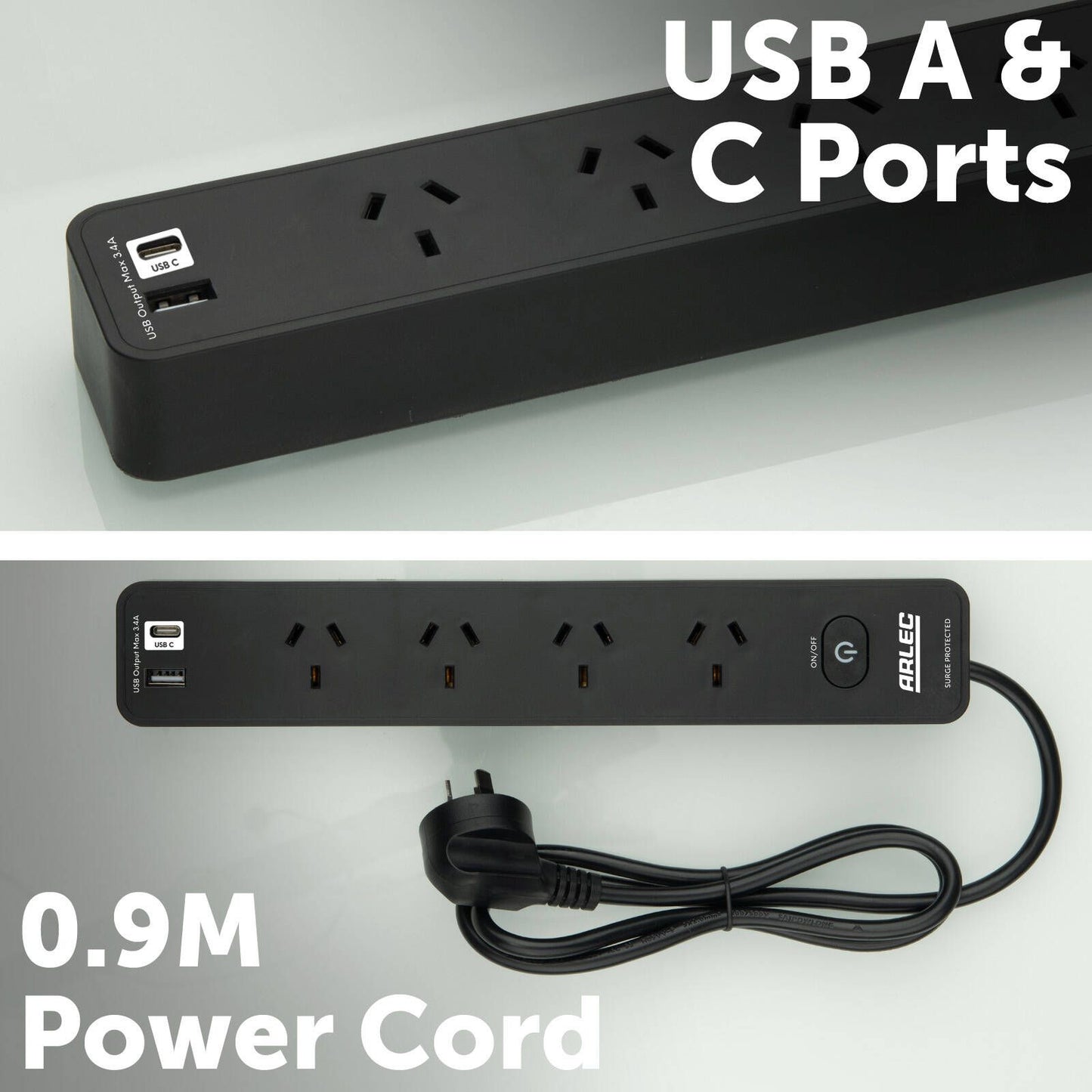 Arlec Black Surge Protected Powerboard - 4 Outlet - 285mm
