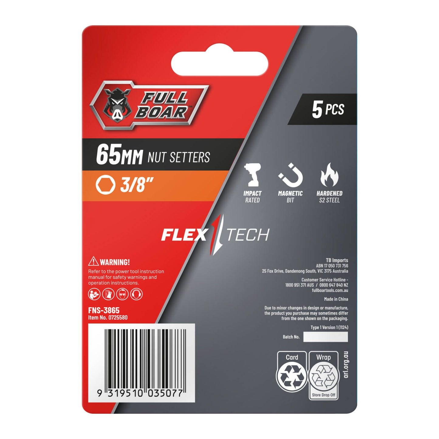 Full Boar Magnetic Impact Nut Setters - 3/8" - 65mm - 5 Pack