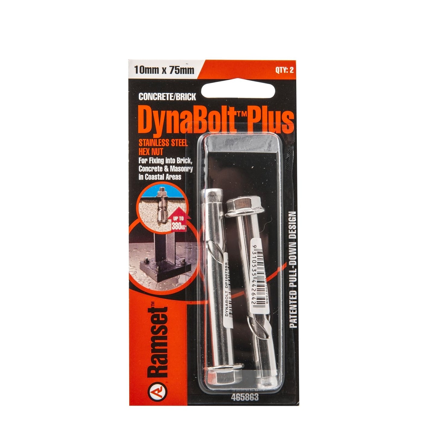 Ramset DynaBolt Plus - 10 x 75mm - Stainless Steel - 2 Pack