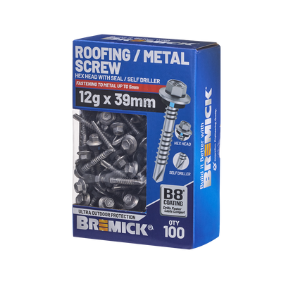 Bremick Hex Roofing Screw - 12g x 39mm - B8 - 100 Pack