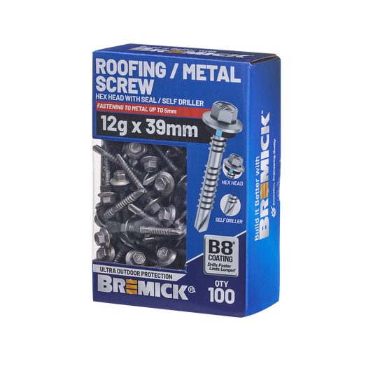 Bremick Hex Roofing Screw - 12g x 39mm - B8 - 100 Pack