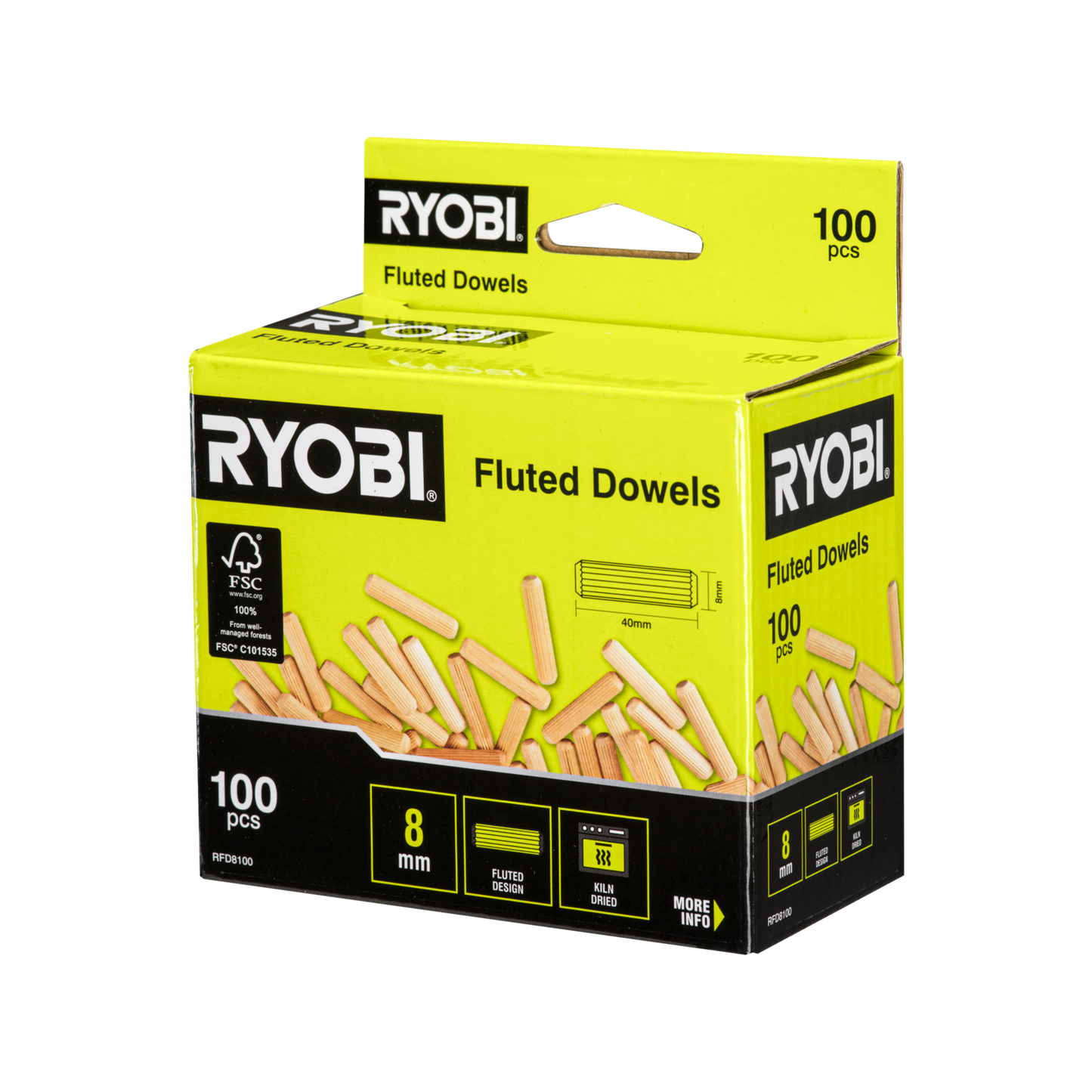 Ryobi Fluted Dowel - 8mm - 100 Pack