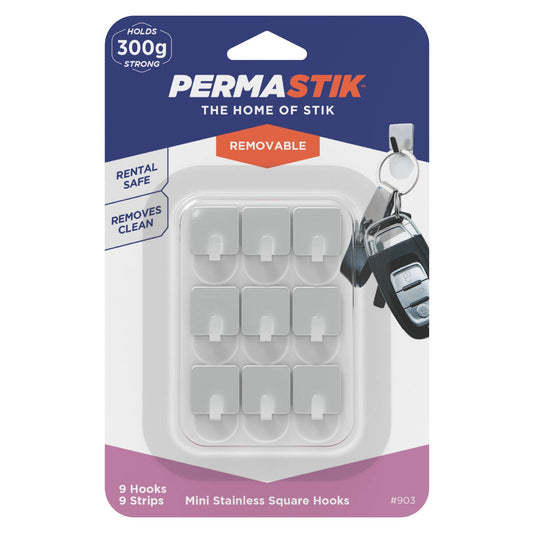 Permastik Mini Stainless Square Hooks Holds 300g 9 Pack