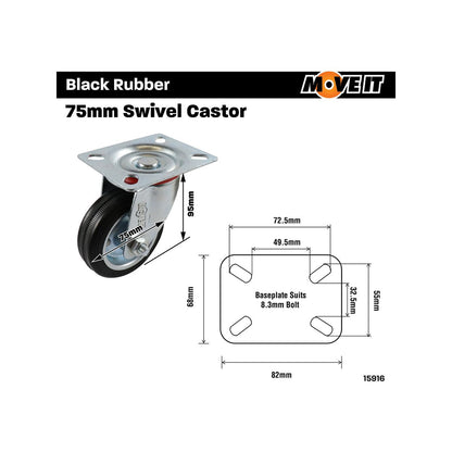 Move It 75mm Black Rubber Swivel Plate Castor 50kg Load Capacity