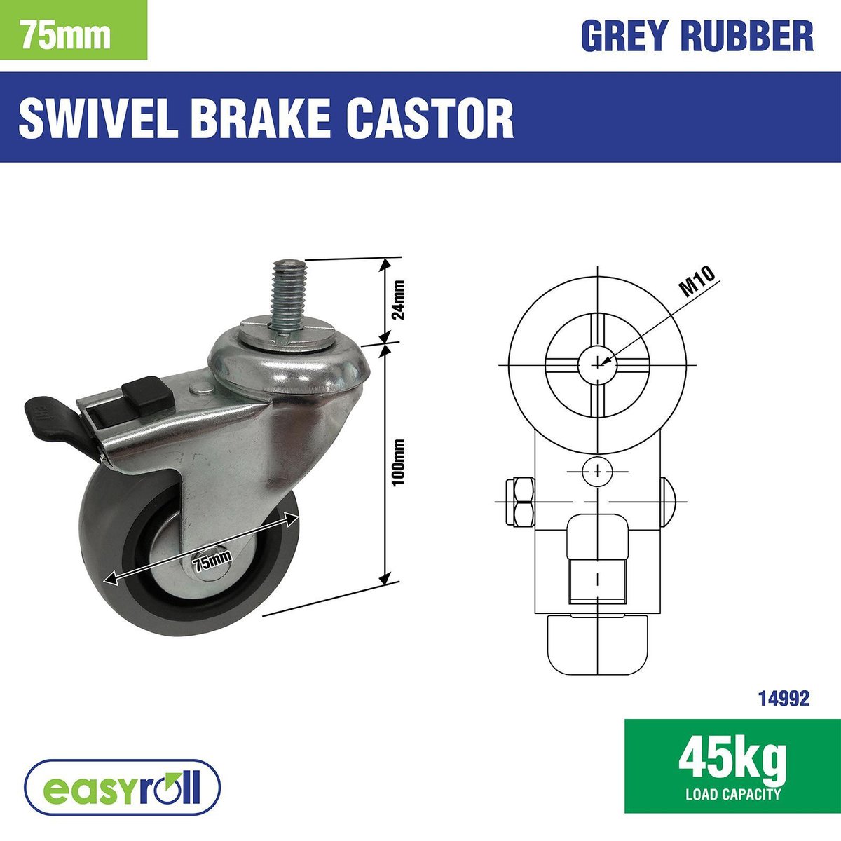 Easyroll 75mm Grey Rubber Swivel Castor 45kg Load Capacity