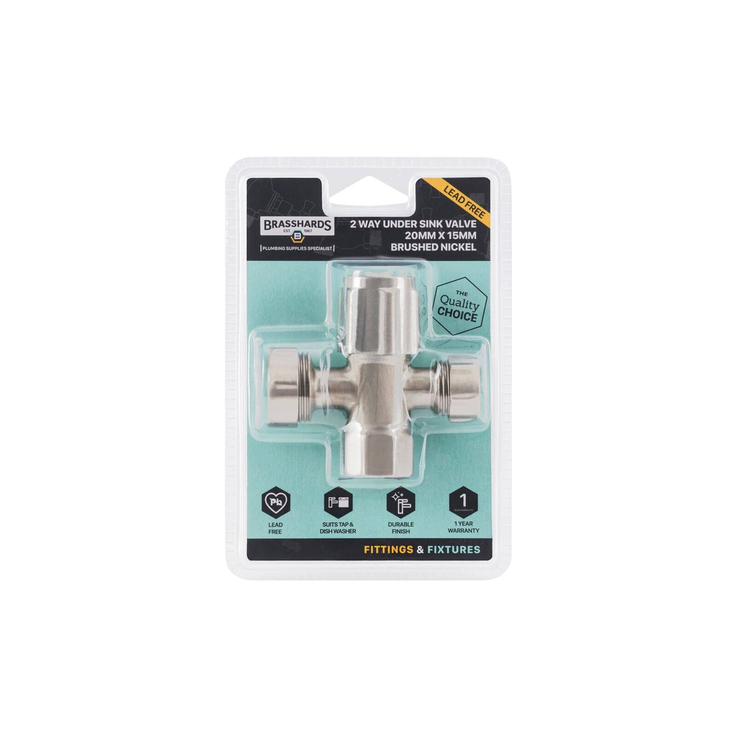 Brasshards 2 Way Under Sink Valve - 20mm x 15mm - Brushed Nickel