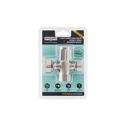 Brasshards 2 Way Under Sink Valve - 20mm x 15mm - Brushed Nickel