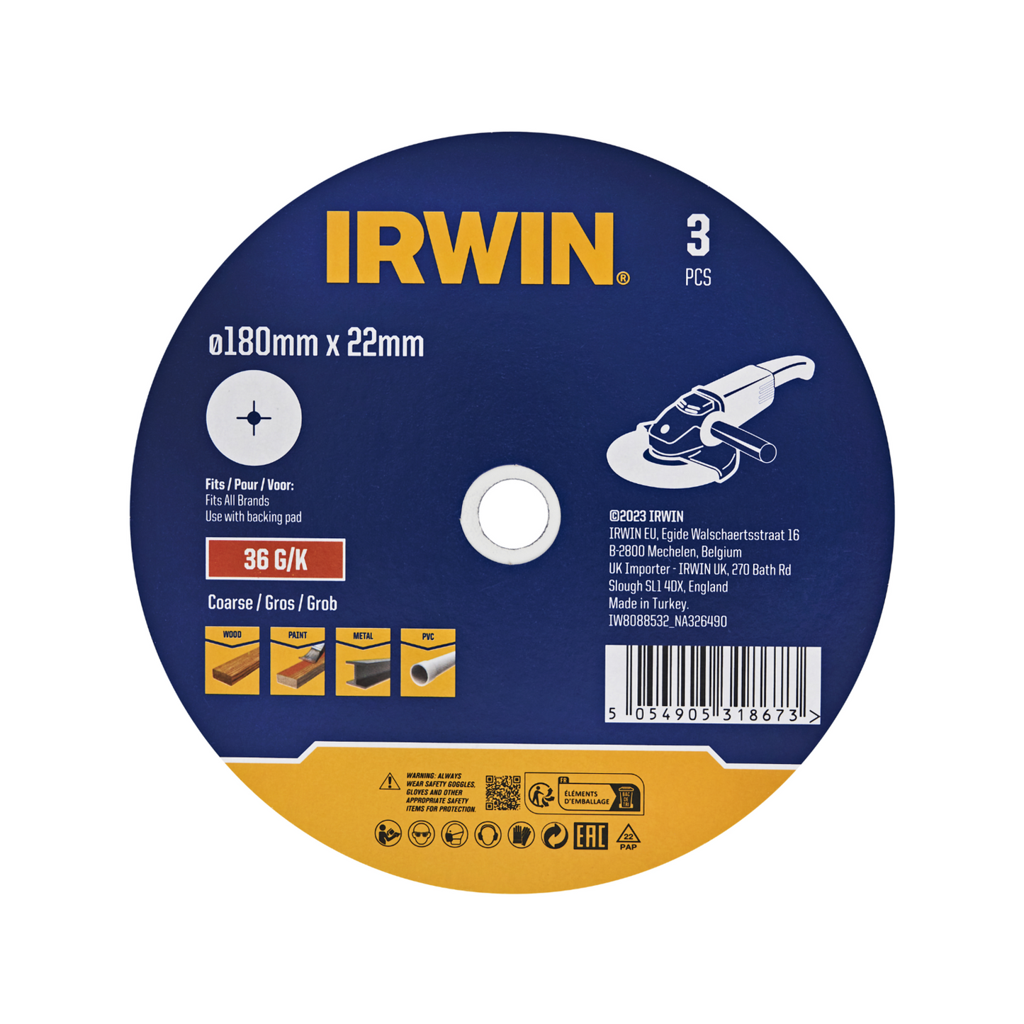 Irwin Fibre Disc - 180 x 22mm - 36 Grit - 3 Pack