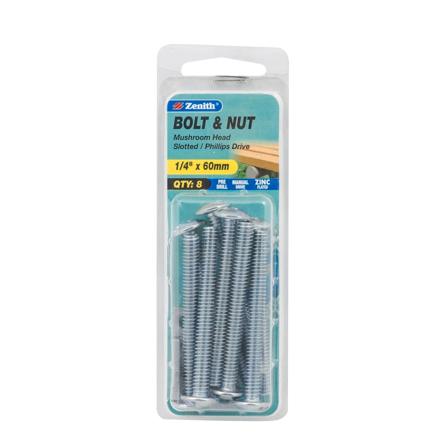 Zenith Mushroom Head Bolt & Nut - 1/4 x 60mm - 8 Pack