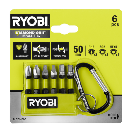 Ryobi Mixed Diamond Grit Impact Driving Bit Set 50mm PH2 SQ2 HEX5 6 Piece