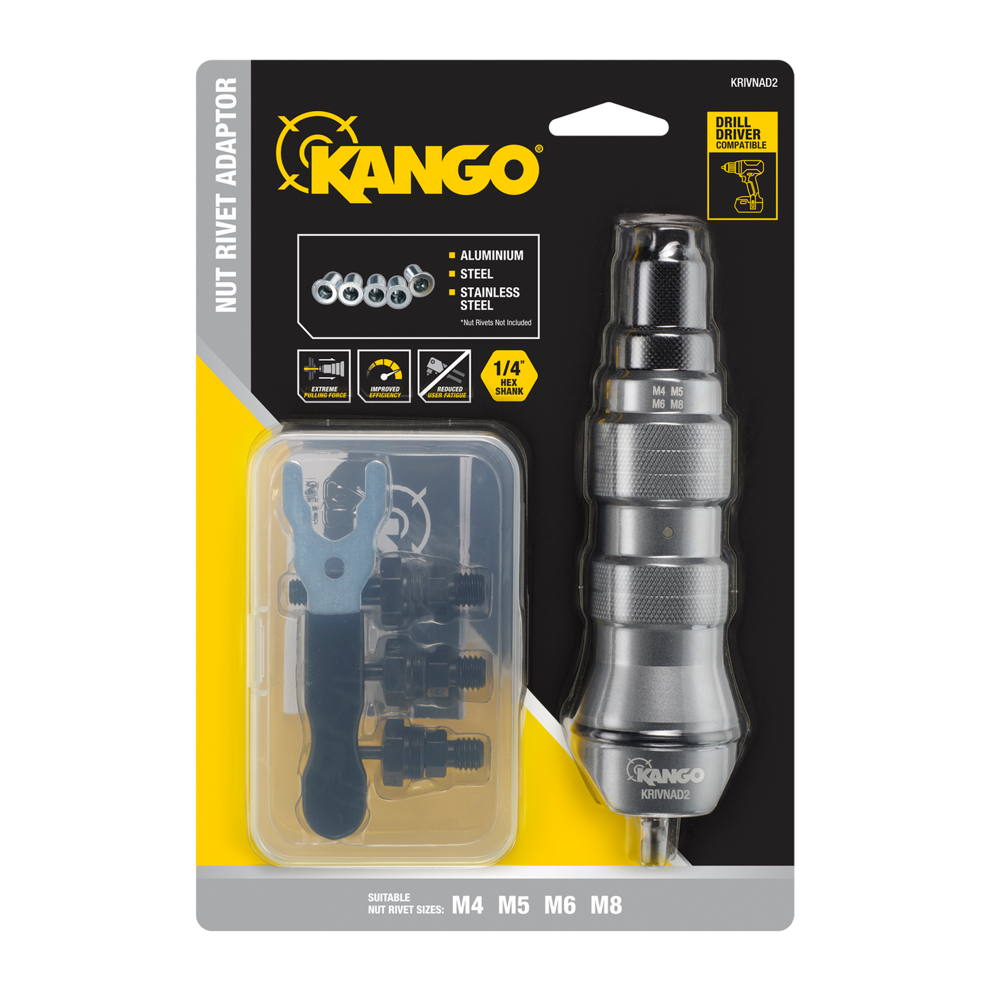 Kango Nut Rivet Drill Adaptor - M4 M5 M6 M8 Mandrels - 254mm x 51mm x 174.4mm