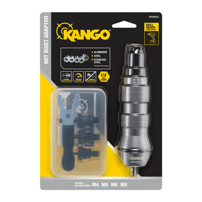 Kango Nut Rivet Drill Adaptor - M4 M5 M6 M8 Mandrels - 254mm x 51mm x 174.4mm