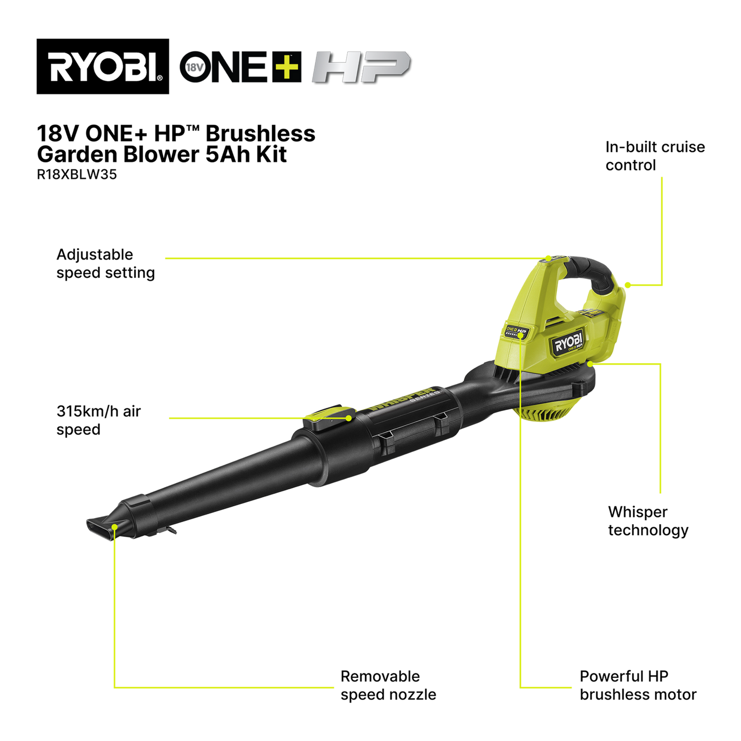 Ryobi ONE+ HP Brushless Garden Blower Kit - 5.0Ah - 315km/h
