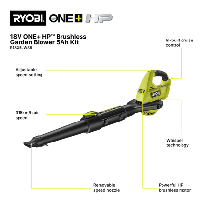 Ryobi ONE+ HP Brushless Garden Blower Kit - 5.0Ah - 315km/h
