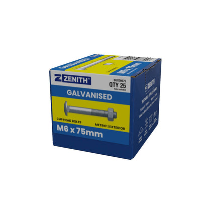 Zenith Hot Dip Galvanised Cup Head Bolts & Nuts - M6 x 75mm - 25 Pack